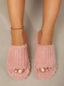 露趾女士厚底保暖毛绒家居拖鞋，室内/户外露趾加垫拖鞋，秋冬 - 珊瑚粉 - 查看 5