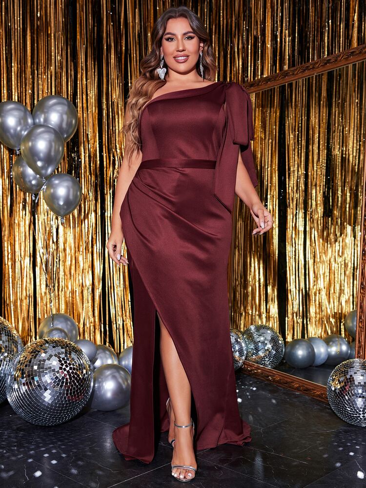 YISIKADO Plus One Shoulder Knot Side Wrap Hem Prom Dress - Burgundy - View 1