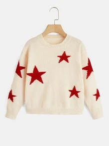 SHEIN Girls Star Pattern Drop Shoulder Jumper - Apricot - View 1