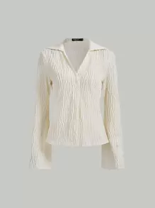 SHEIN MOD Solid Flounce Sleeve Casual Textured Shirt - Beige - View 2