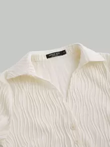 SHEIN MOD Solid Flounce Sleeve Casual Textured Shirt - Beige - View 6