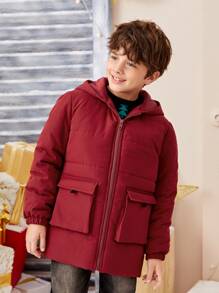 SHEIN Tween 男童翻盖口袋连帽夹棉外套