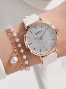 1pc Glitter Round Pointer Quartz Watch & 1pc Bracelet - White - View 2