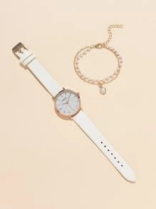 1pc Glitter Round Pointer Quartz Watch & 1pc Bracelet - White - View 3