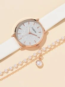 1pc Glitter Round Pointer Quartz Watch & 1pc Bracelet - White - View 4