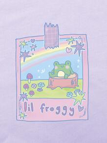 Tiggtactoe Kawaii Camiseta de hombros caídos con diseño gráfico de rana con letra, para la escuela