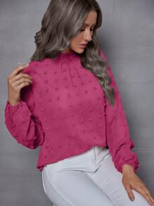 SHEIN LUNE Mock Neck Swiss Dot Lantern Sleeve Blouse - Hot Pink - View 3