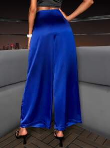 Satin Wide Leg Suit Trousers - Royal Blue - View 2