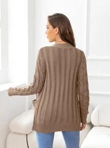 DEARCASE Cable Knit Pocket Front Cardigan - Khaki - View 2