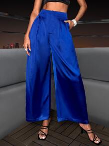 Satin Wide Leg Suit Trousers - Royal Blue - View 3
