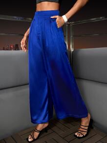 Satin Wide Leg Suit Trousers - Royal Blue - View 4