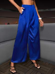 Satin Wide Leg Suit Trousers - Royal Blue - View 5