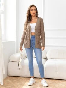 DEARCASE Cable Knit Pocket Front Cardigan - Khaki - View 4