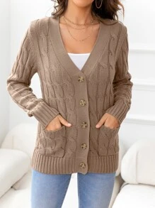 DEARCASE Cable Knit Pocket Front Cardigan - Khaki - View 5