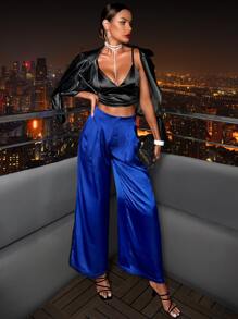 Satin Wide Leg Suit Trousers - Royal Blue - View 6