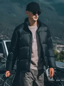 Men Slant Pocket Zipper Down Coat