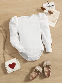 SHEIN Baby Girl Rib-Knit Puff Sleeve Bodysuit - White - View 1