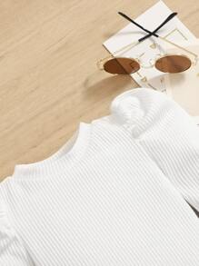 SHEIN Baby Girl Rib-Knit Puff Sleeve Bodysuit - White - View 3