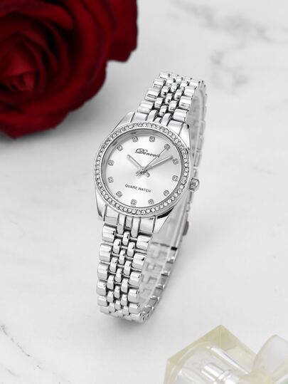 Rhinestone Decor Round Pointer Quartz Watch