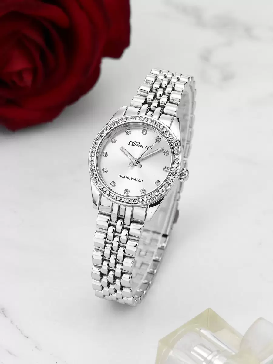 Rhinestone Decor Round Pointer Quartz Watch - Silver - View 1
