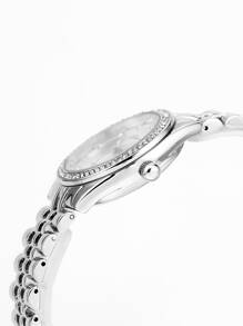 Rhinestone Decor Round Pointer Quartz Watch - Silver - View 3