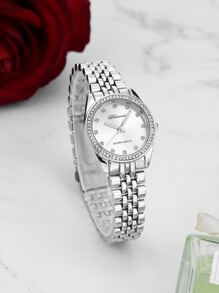 Rhinestone Decor Round Pointer Quartz Watch - Silver - View 6