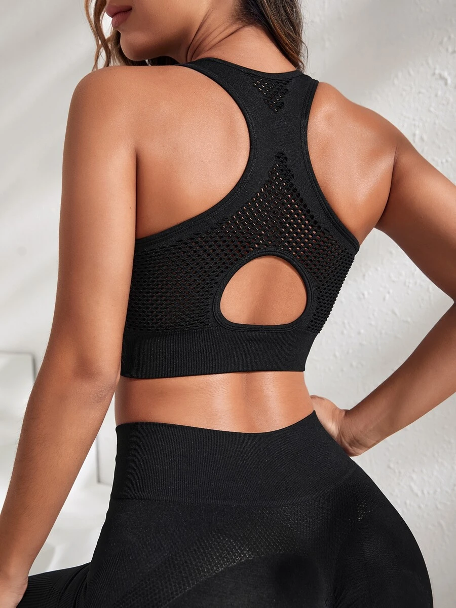 Seamless Cut Out Back Sports Bra - Black - View 1