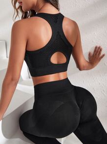 Seamless Cut Out Back Sports Bra - Black - View 3