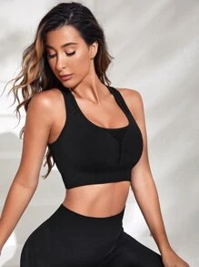 Seamless Cut Out Back Sports Bra - Black - View 5