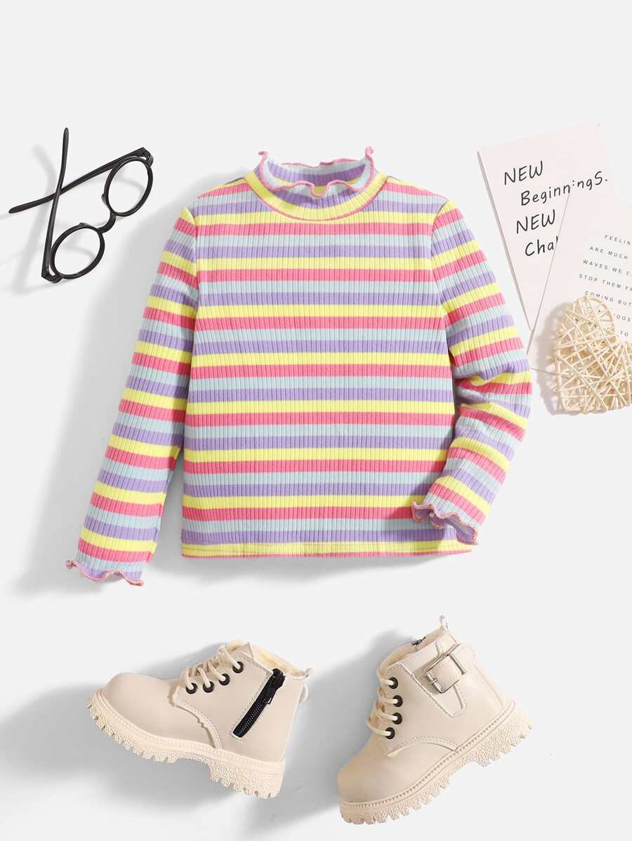 SHEIN Baby Girl Rainbow Striped Lettuce Trim Mock Neck Tee - Multicolor - View 1