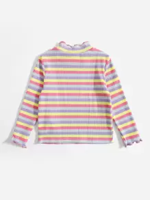 SHEIN Baby Girl Rainbow Striped Lettuce Trim Mock Neck Tee - Multicolor - View 2