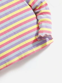 SHEIN Baby Girl Rainbow Striped Lettuce Trim Mock Neck Tee - Multicolor - View 3