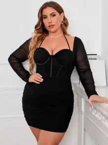 PARTHEA Vestido ajustado corsé de malla fruncido de cuello halter - Negro - Ver 1