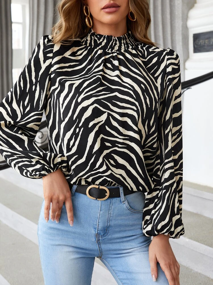 SHEIN BAE Zebra Striped Frilled Neck Lantern Sleeve Blouse | SHEIN