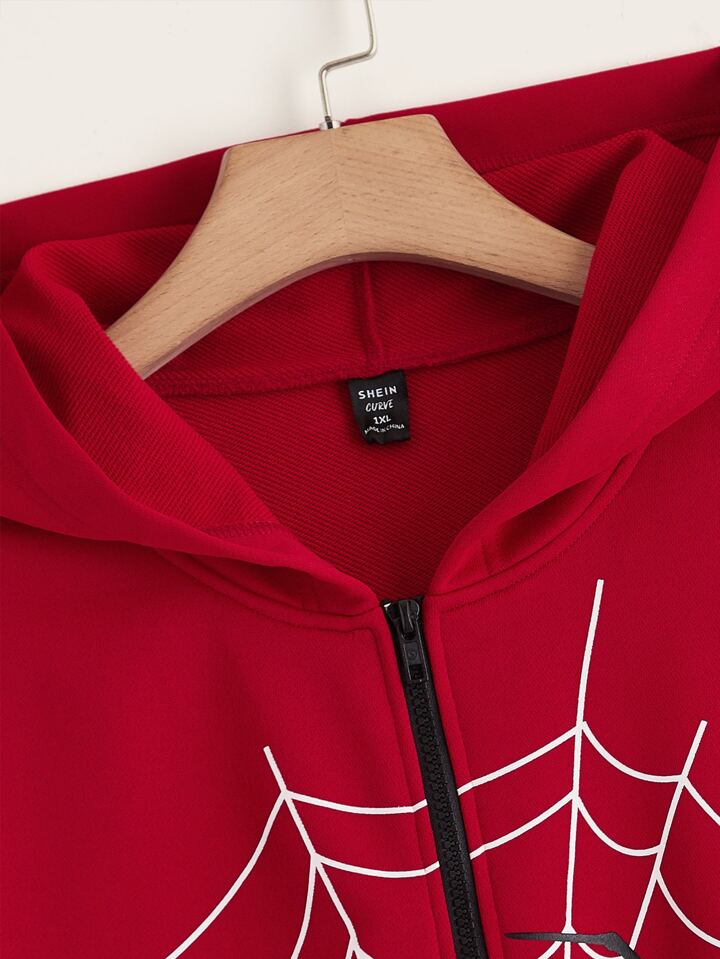 SHEIN EZwear Plus Spider Web Print Zip Up Drop Shoulder
