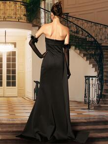 Missord Contrast Mesh Draped Asymmetrical Hem Tube Dress With Arm Sleeves - Black - View 2