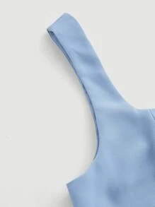 SHEIN MOD Bộ đồ hai mảnh nữ Nút Túi Dây kéo Uốn nếp màu trơn Thanh lịch - Màu xanh nhạt - Xem 3