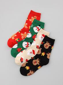 4pairs Christmas Snowman & Elk Pattern Crew Socks
