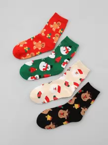 4pairs Christmas Snowman & Elk Pattern Crew Socks