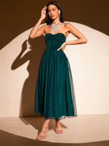 SHEIN BAE Contrast Sequin Mesh Tube Dress - Dark Green - View 1