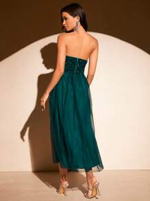 SHEIN BAE Contrast Sequin Mesh Tube Dress - Dark Green - View 2