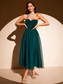 SHEIN BAE Contrast Sequin Mesh Tube Dress - Dark Green - View 3