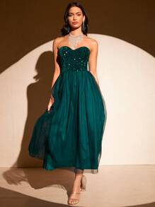 SHEIN BAE Contrast Sequin Mesh Tube Dress - Dark Green - View 4