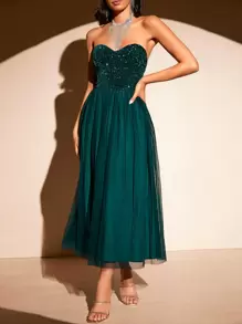 SHEIN BAE Contrast Sequin Mesh Tube Dress - Dark Green - View 5