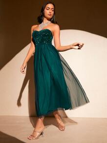 SHEIN BAE Contrast Sequin Mesh Tube Dress - Dark Green - View 6