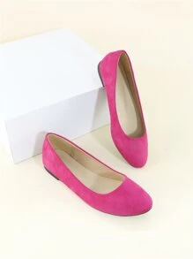 Faux Suede Neon-pink Ballet Flats - Hot Pink - View 1
