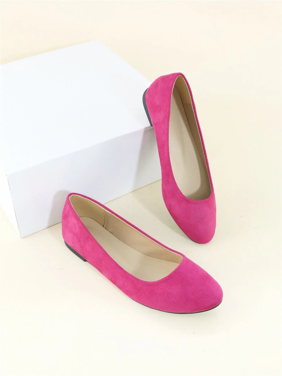 Faux Suede Neon-pink Ballet Flats - Hot Pink - View 1