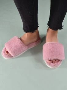 Women's Pastel Pink College Solid Color Bedroom Slippers, Minimalist Fuzzy House Shoes