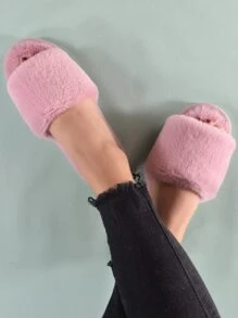 Women's Pastel Pink College Solid Color Bedroom Slippers, Minimalist Fuzzy House Shoes