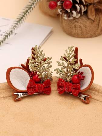 2 piezas Pinza de pelo de cocodrilo Navidad lazo & con diseño de cornamenta